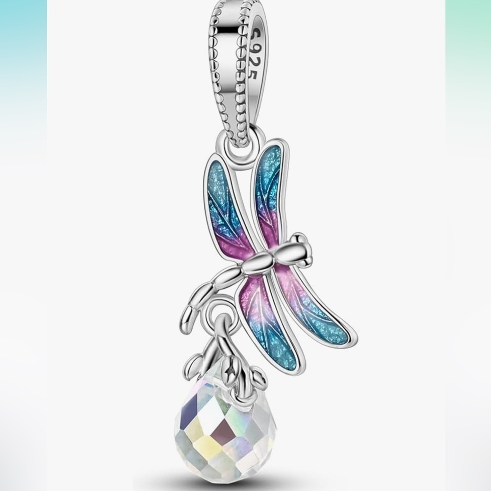 Crystal dragon fly sterling silver charm for Pandora bracelets purple blue